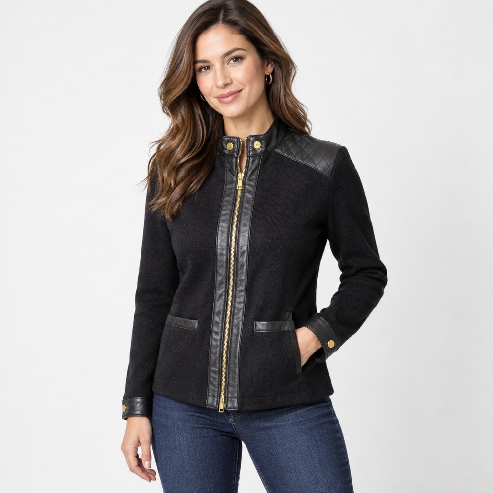Dana Buchman Women M Black Merino Wool Leather Trim Moto Jacket Quilted Gold Zip